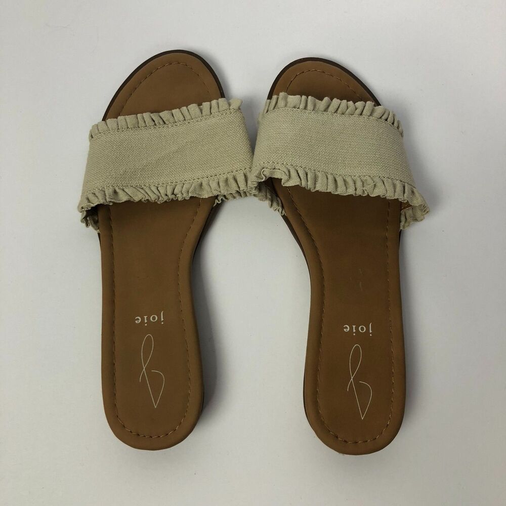 Joie Eidel Canvas Ruffle Cream Flat Slide Sandals Women's Size 9